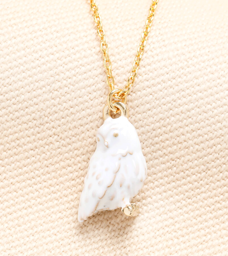 Enamel Owl Pendant Necklace in Gold