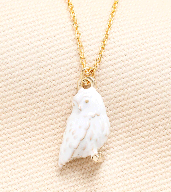 Enamel Owl Pendant Necklace in Gold