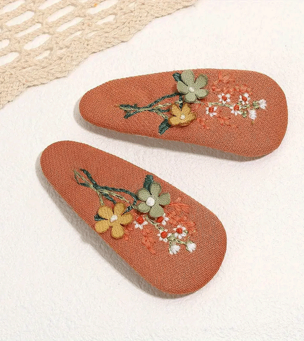 Set of 2 Pumpkin Embroidered Linen Hair Clips