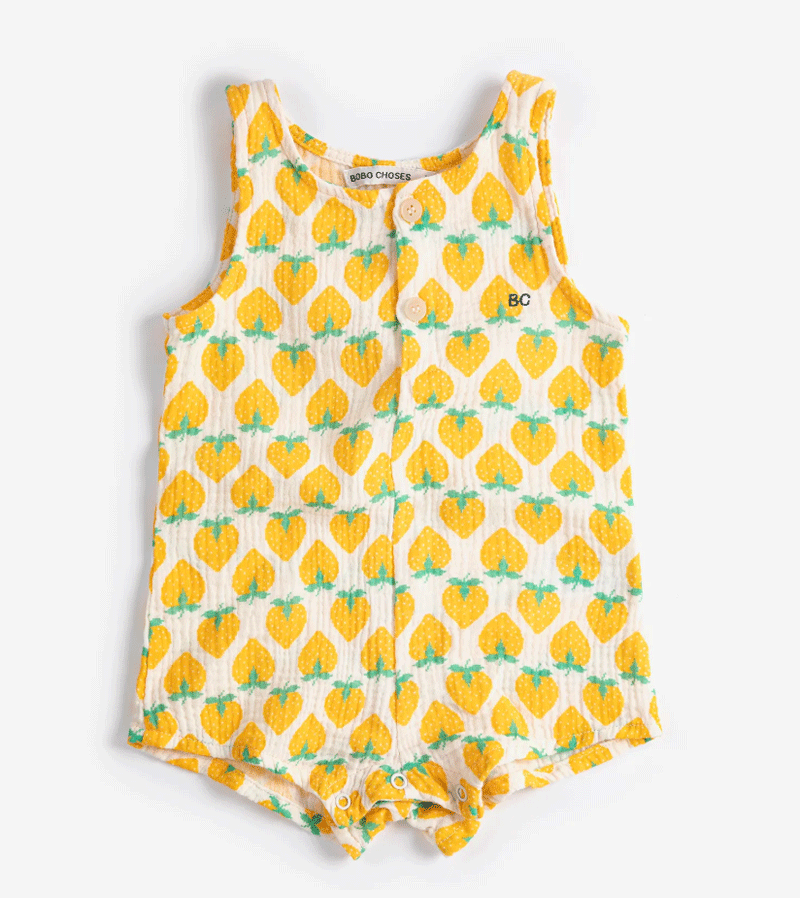 Yellow Strawberry all over Woven Playsuit by Bobo Choses