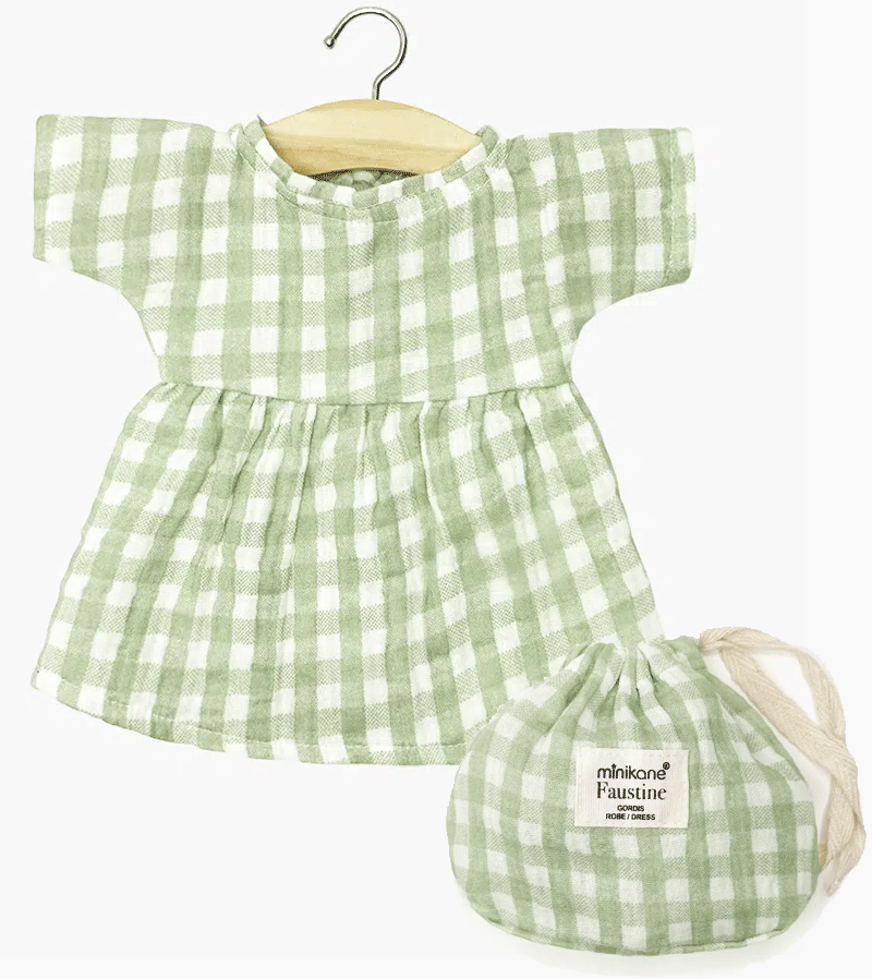 Faustine Dress in Green Vichy with Pouch for Baby Dolls by Minikane