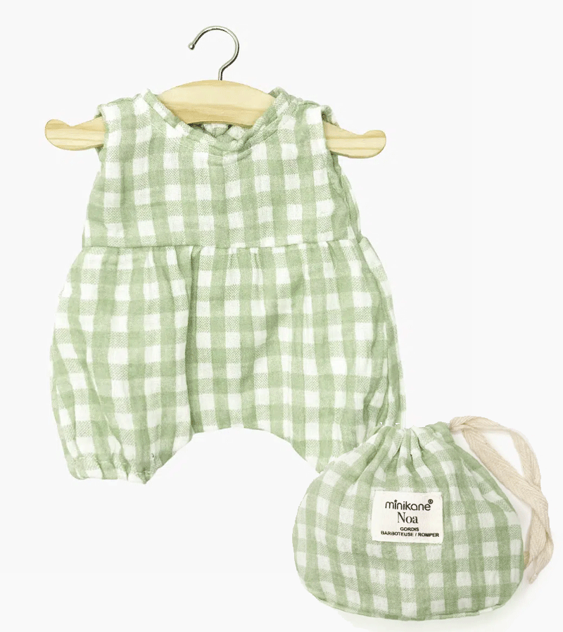 Noa Romper in green Vichy with Pouch  for Baby Dolls by Minikane