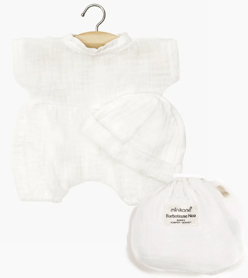 Noa Romper and Hat Set in White Cotton Gauze with Pouch or Baby Dolls by Minikane