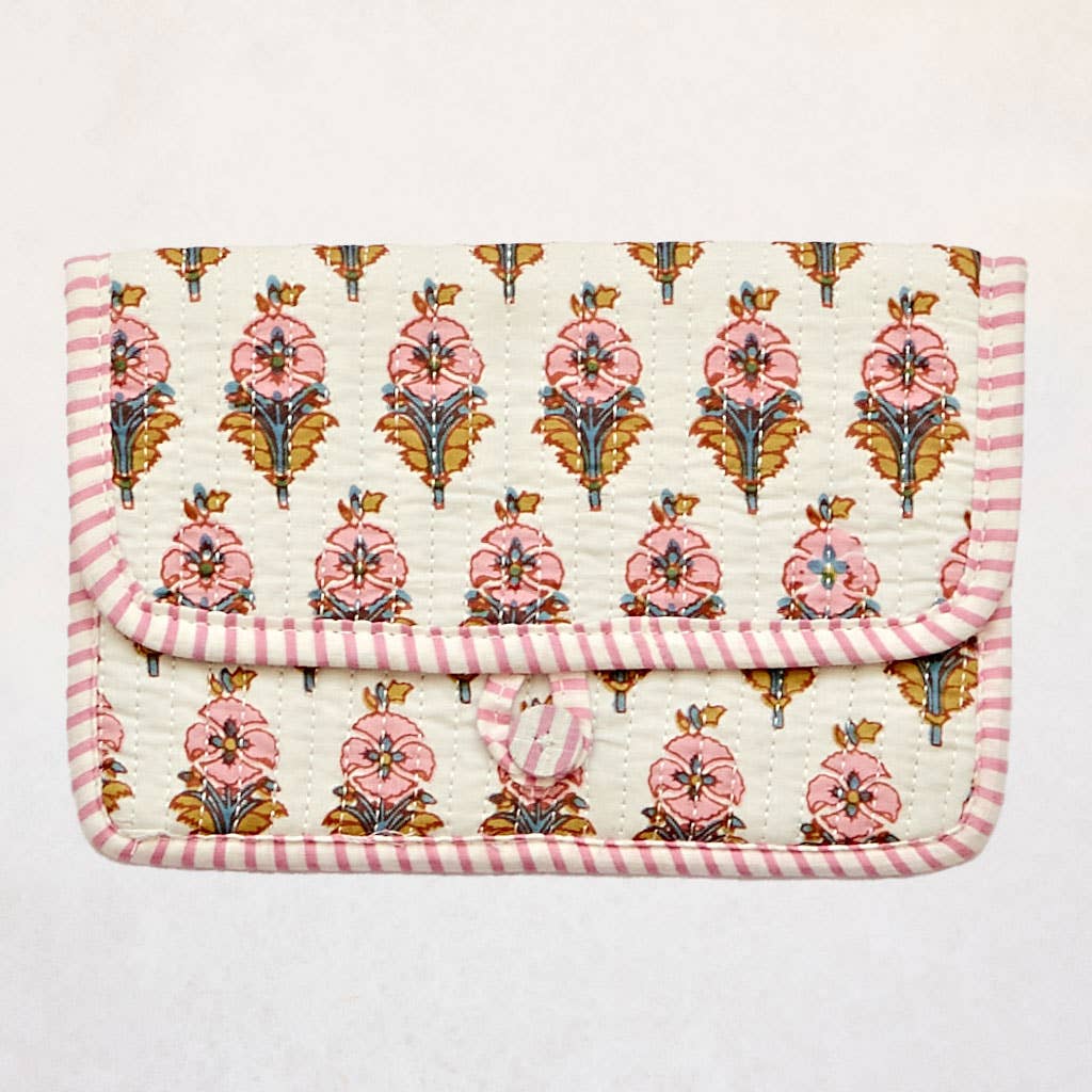 Cream & Rose Flowers Handmade Quilted Cotton Clutch Purse