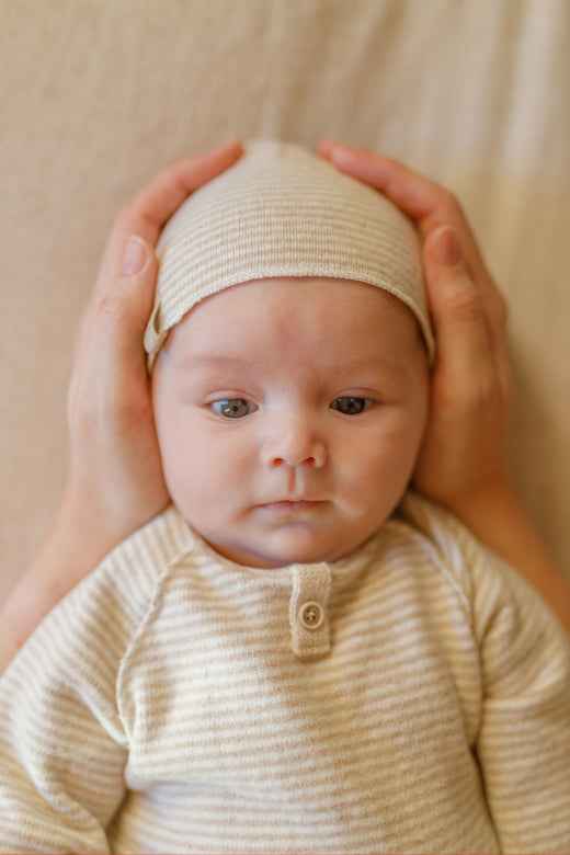 Beige Striped Extra Soft Fleece Honore Beanie by 1+ in the Family