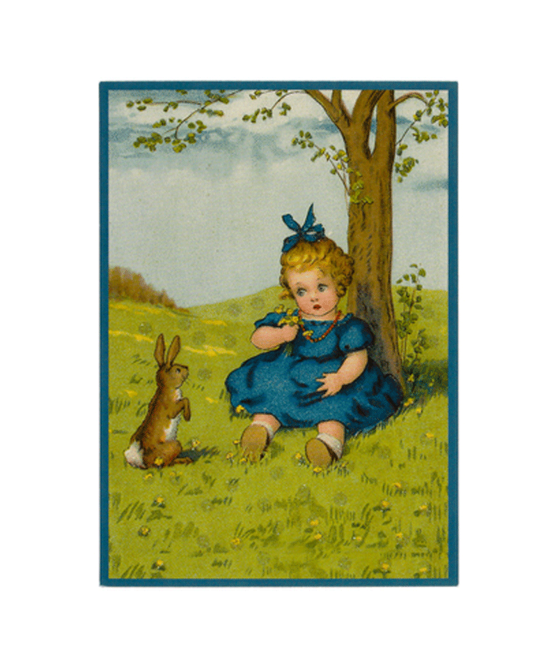 Retro Glitter Postcard of Girl with Bunny
