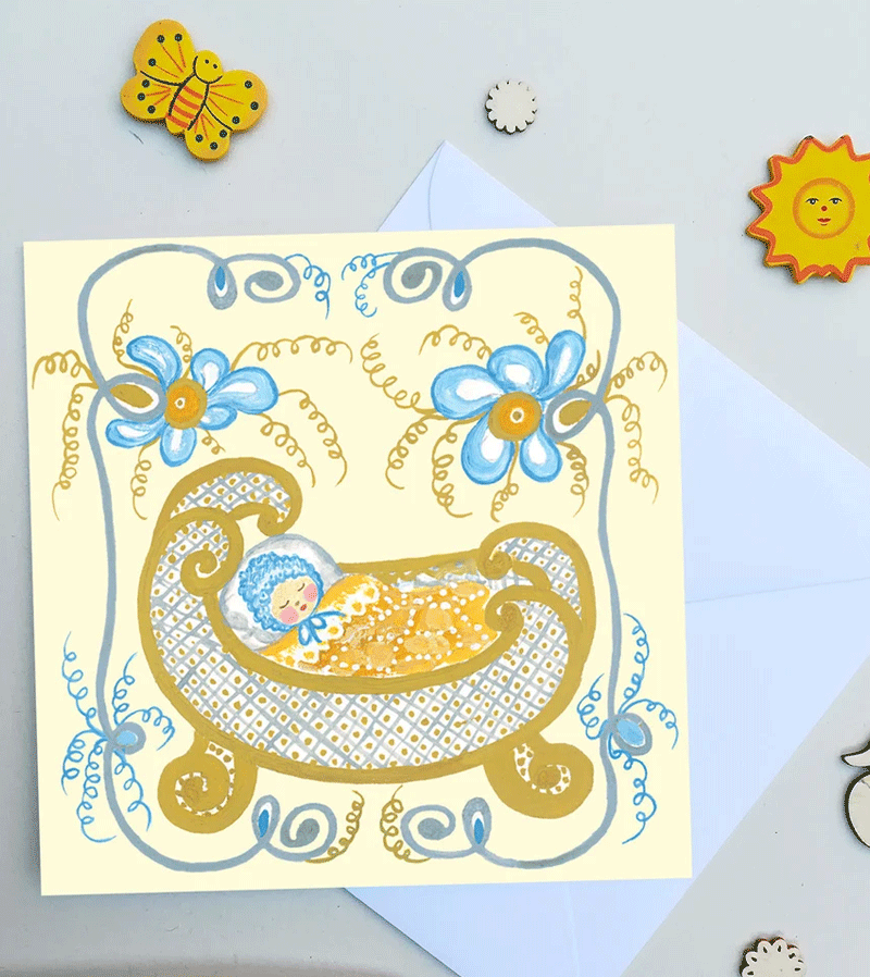 Baby in Cradle Card by Kapelki Art