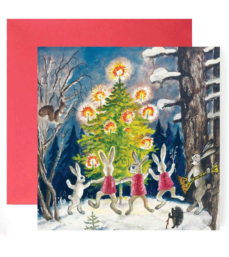 Rabbits Dancing Round Christmas Tree by Kapelki Art