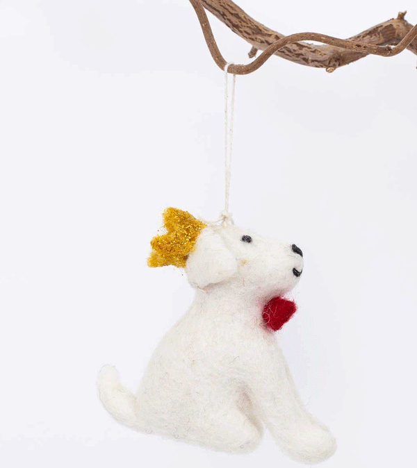 White Dog with Crown Wool Ornament by AfroArt
