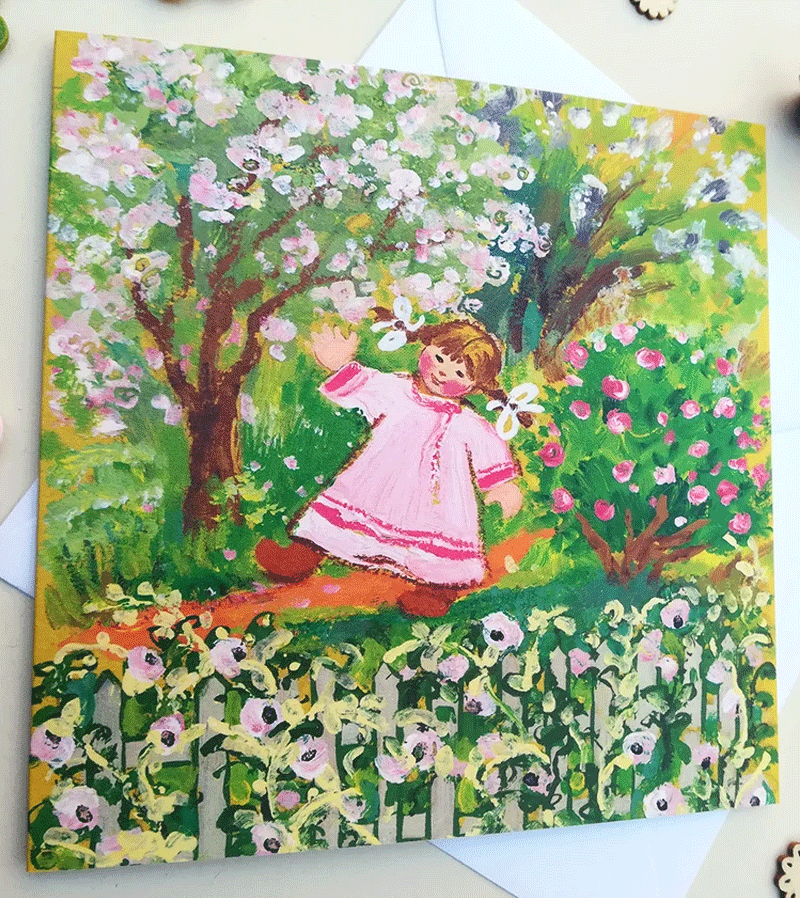 Girl in the Garden Card by Kapelki Art