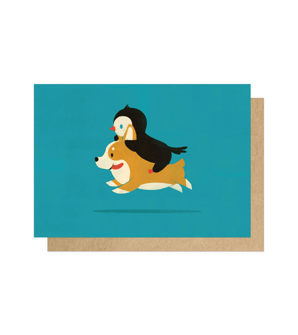 Like the Wind Penguin and Corgi Greetings Card