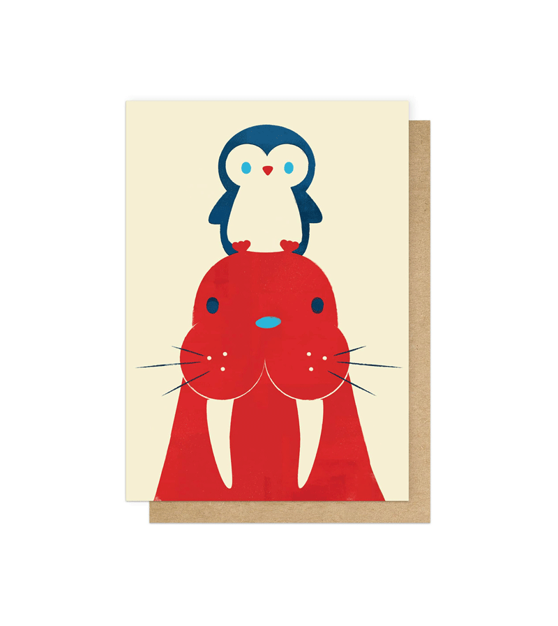 Penguins and Walrus Greetings Card by Jay Fleck