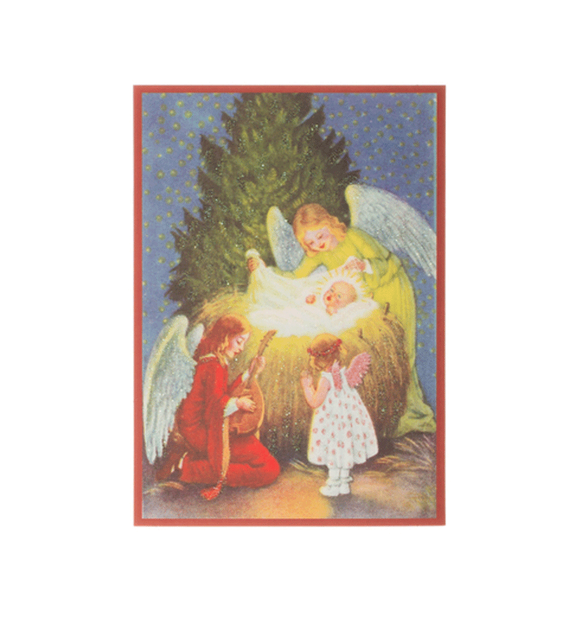 Large Retro Glitter Postcard of Angel and Child by the Christmas Tree