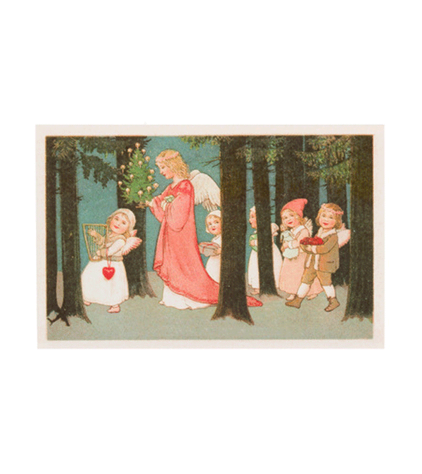 Retro Postcard of Christmas Angel with Children in Forest