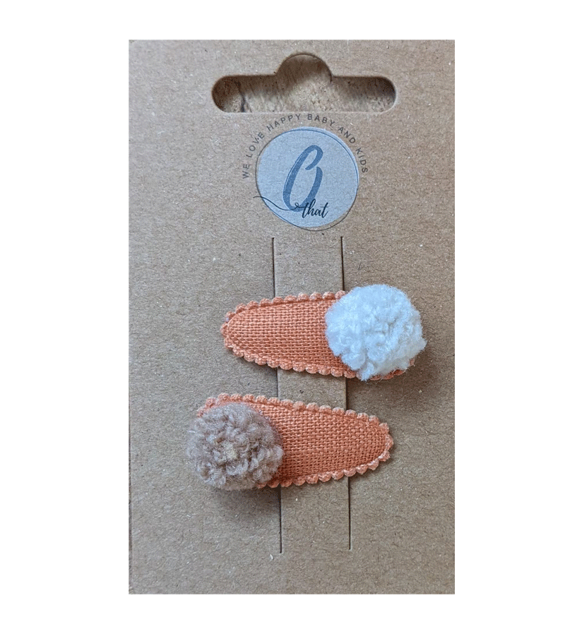 Peach with Cream and Beige Pom Poms Mini Hairclip Set