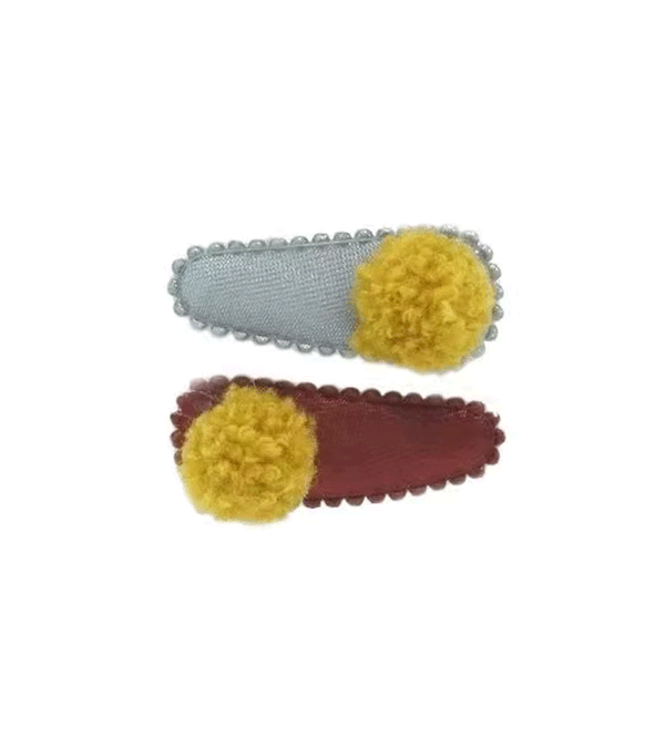 Red and Grey with Yellow Pom Pom Mini Hairclip Set