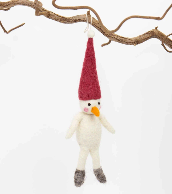 Snowman in Red Santa Hat Wool Ornament by AfroArt