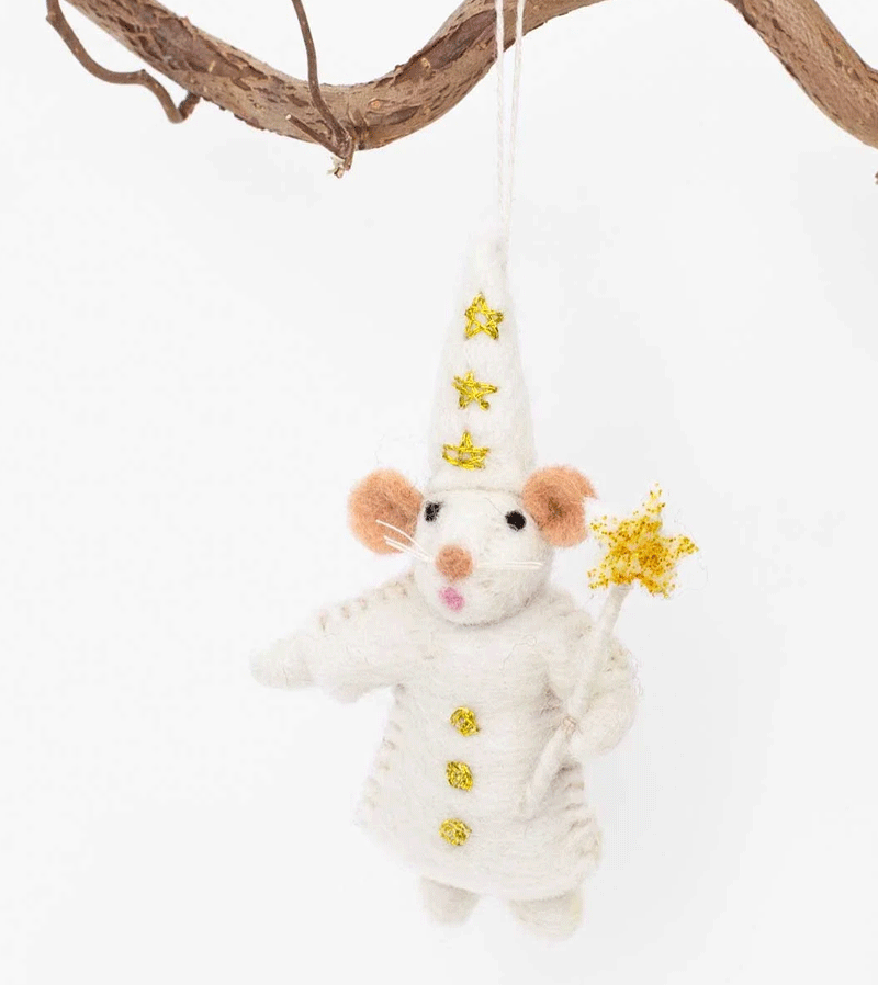Christmas Mouse with Star Wand Wool Ornament by AfroArt