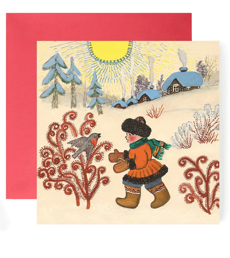 Winter Boy with Robin Card by Kapelki Art
