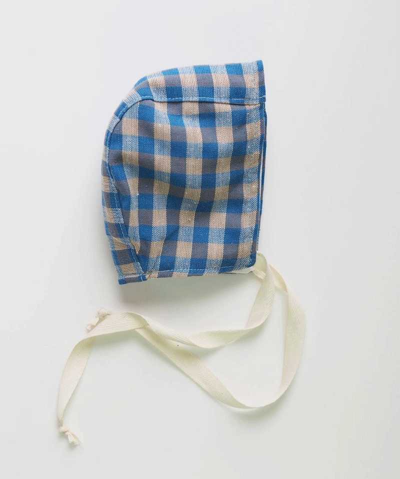 Blue Gingham Linen Bonnet for Baby Doll