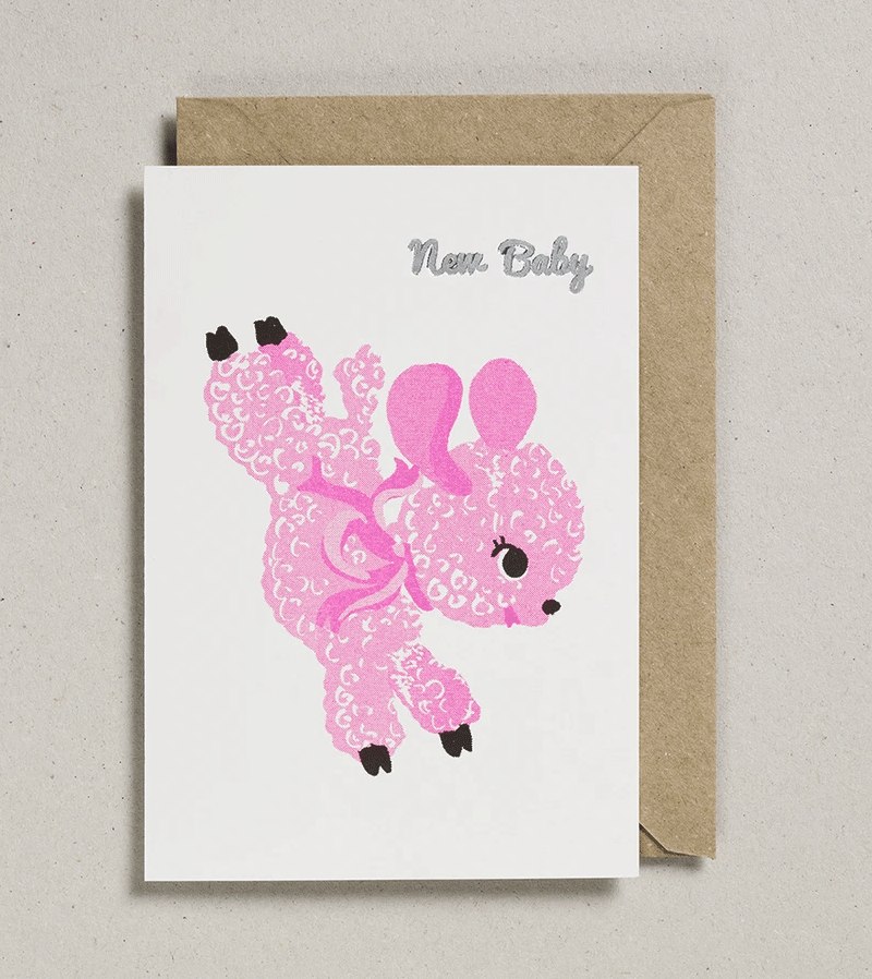 Pink Lamb Riso Baby Card by Petra Boase - Niddle Noddle